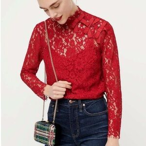 J. Crew Red Mockneck Floral Lace Long Sleeve Blouse Eyelash Hem Women’s Size 4